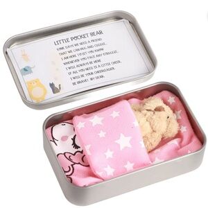 Little Pocket Teddy Bear In A Tiny Tin Box Cute Relieve Stress Toy 4”X 2”